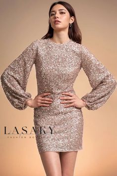 Lasaky - Sequin Mini Dress with Long Sleeves and Round Neckline Sequin Christmas Dress, Sequin Wrap Dress, Winter Party Outfit, Gaun Fashion, 파티 드레스, Ranveer Singh, Party Dress Long Sleeve, Christmas Party Dress, Holiday Party Dresses