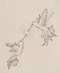 two birds flying next to each other with their beaks in the air and one bird has it's wings spread wide open