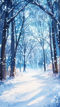 a painting of a snowy path in the woods with trees and snow flakes on it