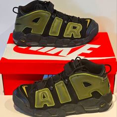 Authentic Nike Air More Uptempo Size 12.5. Black And Rough Green. Original Box And Gently Used. Nike Air More Uptempo 96, Nike Air More Uptempo, Nike Air More, Shoes Nike Air, Nike Green, Shoes Nike, Nike Men, Nike Shoes, Nike Air