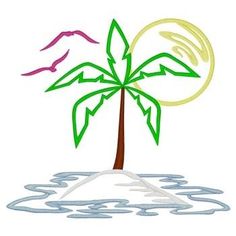 a drawing of a palm tree in the water