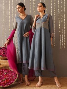 Shop Jaypore Women Grey Cotton Silk Mandarin Collar Anarkali Kurta with Pants for Women Online 39602784 Anarkali Tops, Anarkali Kurta, Indian Aesthetic, Kurta With Pants, Kurta Designs, Dress Ideas, Cotton Blouses, Grey Cotton, Embroidered Top