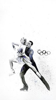 an artistic drawing of two people holding each other in front of the olympic rings with water splashing on them