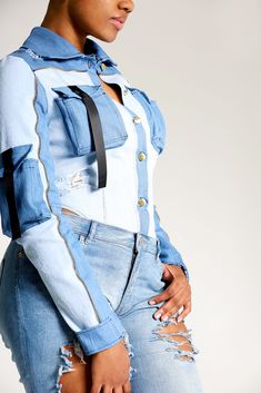 Fitted Denim Bodysuit In Trendy Style, Trendy Fitted Denim Bodysuit, Trendy Denim Bodysuit, Trendy Fitted Ripped Denim Jumpsuit, Fitted Ripped Medium Wash Denim Jumpsuit, Fitted Ripped Denim Jumpsuit In Medium Wash, Fitted Denim Jumpsuit For Spring Streetwear, Ripped Medium Wash Fitted Denim Jumpsuit, Fitted Ripped Denim Jumpsuit