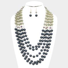 Multi Strand Gray Beaded Bib Necklace Set by core Pink Gemstone Necklace, Beaded Bib Necklace, Grey Beads, Circle Pendant Necklace, Circle Necklace, Sterling Silver Cross, Bib Necklace, Heart Beads, Rhinestone Necklace