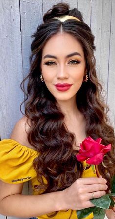 Beauty And The Best Hairstyle, Disney Princess Hairstyles Wedding, Belle Costume Makeup, Bell Princess Hairstyle, Bella Halloween Costume, Belle Makeup Look, Ariel Inspired Hair