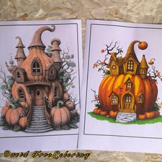 two pictures of pumpkin houses on paper