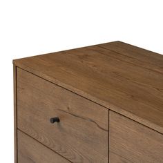 a wooden dresser with two drawers and one door open