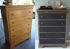 two pictures side by side one has a dresser and the other has drawers