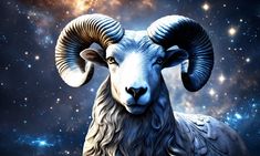 an artistic painting of a ram with large horns in the night sky, surrounded by stars