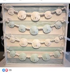 an image of a display with sand dollar signs and beads on the bottom shelf for decoration