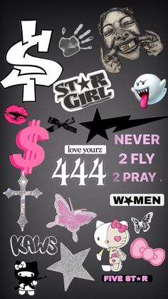 a poster with various stickers on it that say, star girl never fly 2 pray w