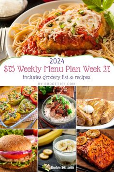 A collage from Budget101's $75 Weekly Menu Plan for Week 27, showcasing affordable meal options such as chicken parmesan, stuffed peppers, teriyaki chicken bowl, French toast, turkey burger, yogurt parfait, and grilled salmon. Teriyaki Bowl, Weekly Grocery, Full Recipes, Like Chicken, Dirt Cheap