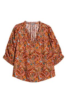 A swirling paisley print enlivens this fluid top designed with puffed elbow-length sleeves. 25" length (size 2X) Split neck Elbow-length sleeves 100% rayon Machine wash, line dry Imported Puff Sleeve Top, Elbow Length Sleeve, Paisley Print, Puff Sleeve, Paisley, Tops Designs, Sleeve Top, Split, Nordstrom