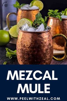 two copper mugs filled with ice, lime and mint