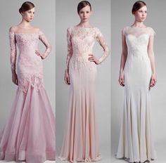 three different dresses with long sleeves and laces on them, one in pink and the other in white