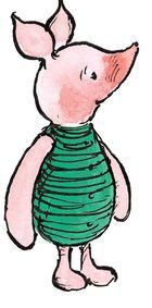 a drawing of a pig wearing a green shirt and striped pants, with one eye closed