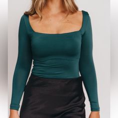 Never Worn! Runs A Bit Small For Me. Super Soft And Beautiful Color! Fitted Green Top For Date Night, Chic Green Bodysuit For Night Out, Green Bodysuit For Night Out In Fall, Fall Green Bodysuit For Night Out, Green Fall Bodysuit For Night Out, Tshirt Bodysuit, Low Cut Bodysuit, Halter Neck Bodysuit, Embroidered Bodysuit