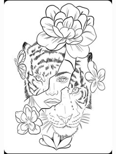 a black and white drawing of a tiger with flowers on it's head, surrounded by butterflies