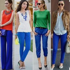 Bright Blue Dress Pants Outfit, Bright Blue Trousers Outfit, Bright Blue Pants Outfit, Summer Blue Ankle-length Dress Pants, Blue Trouser Outfit Women, Cobalt Blue Pants Outfit