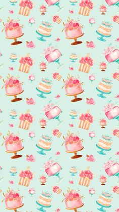 a blue background with pink and yellow cakes