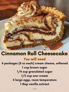 a piece of cinnamon roll cheesecake on a white plate with information about the ingredients