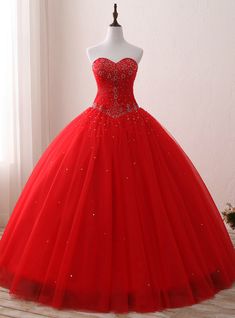 Red Ball Gown Tulle Sweetheart Neck Sweet 16 Dresss With Beading Dresses Quinceanera Red, Ball Gown Quinceanera Dresses, Red Ball Gowns, Glamorous Gowns, Red Ball Gown, Red Quinceanera Dresses, Pretty Quinceanera Dresses, School Prom, Quince Dress