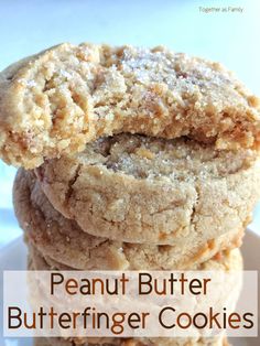 three cookies stacked on top of each other with the words peanut butter butterfinger cookies