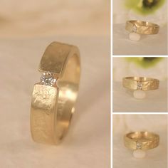 Organic Textured Gold Diamond Engagement Ring, 14k Yellow Gold Rustic Band 5mm Wide with a