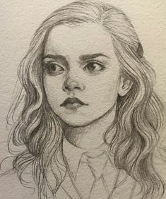 a pencil drawing of a girl with long hair and a collared shirt, looking to the side