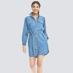 Tie Waist, Button Front Denim Shirt Dress. Size Small Regular Nwt, Excellent Condition Medium Wash Button-up Dress For Daywear, Light Wash Long Sleeve Denim Work Dress, Light Wash Long Sleeve Denim Dress For Work, Long Sleeve Light Wash Denim Workwear Dress, Long Sleeve Light Wash Denim Dress For Work, Chic Collared Denim Blue Dress, Denim Long Sleeve Shirt Dress For Daywear, Long Sleeve Denim Shirt Dress For Daywear, Dark Wash Button-up Dress For Day Out