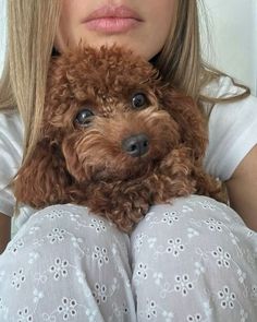 a woman holding a brown poodle in her lap and looking at the camera with an intense look on her face