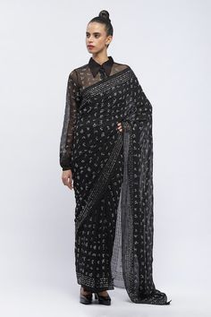 Black saree crafted in silk georgette base with all over myriad calligraphy scripts silver badla embroidery detailing. - Aza Fashions Badla Embroidery, Sarees Black, Saree Women, Saree For Women, Embroidered Saree, Embroidery Detailing, Black Saree, Calligraphy Script, Black Silk