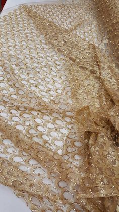 Gold lace shining glued glitter pearls on mesh brifal fabric | Etsy Peacock Pattern, Gold Lace, White Mesh, Gold Pattern, Prom Gown, Wedding Accessories, Sequin Skirt, Mesh, Glitter