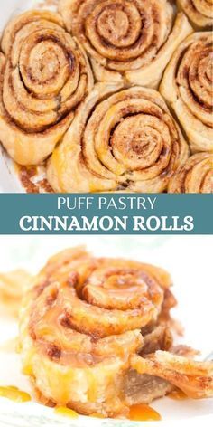 puff pastry cinnamon rolls on a plate with the words puff pastry cinnamon rolls above it