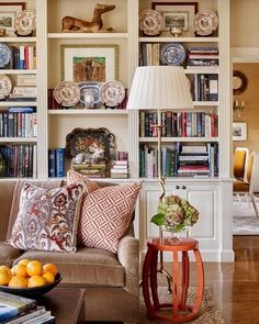 a living room filled with furniture and lots of books