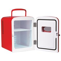 an open red and white mini fridge