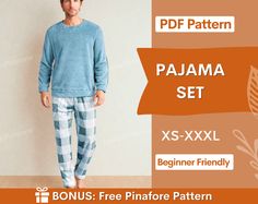 Men Pajama Set Sewing Pattern Special Offer: ♥ Free Sewing Planner with every order placed today ♥ 💥Get +330 patterns and all new releases with our Whole Shop Bundle at the best price! 👉 www.etsy.com/listing/1315834001 Explore more men patterns 👉 https://etsy.me/49Rk3ZD This pattern comes with an illustrated sewing guide with step by step instructions, making it super easy to make your own garment.  If you're looking for a beginner friendly project that will take 2 hours to make then this is Men Sewing Patterns, Pajama Set Pattern, Pajama Pants Pattern, Sewing Planner, Pajama For Men, Pinafore Pattern, Sewing Guide, Pajama Pattern, Mens Pajama Pants