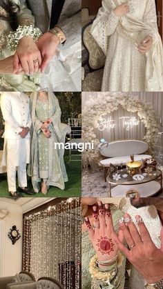 a collage of photos showing the bride and groom getting ready for their wedding ceremony