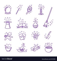 the icons are drawn in purple ink on a white background, with stars and sparkles