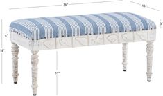 a bench with blue and white striped upholstered fabric on the seat, measurements