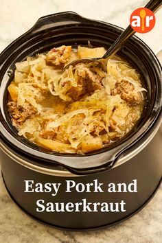 an easy pork and sauerkraut recipe in a slow cooker with text overlay