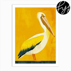 a painting of a pelican standing in front of an orange background