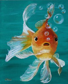 an acrylic painting of a goldfish with bubbles in it's mouth