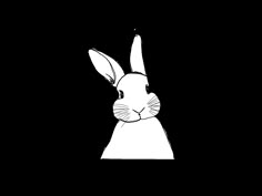 a black and white drawing of a rabbit's head with earphones in its ears