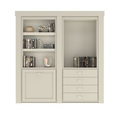 an open bookcase with many books on top and drawers below the doors, in front of a white wall