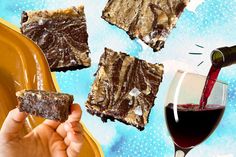 someone pouring red wine into a glass next to brownies and a plate with desserts