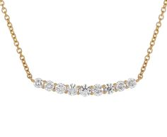 With its minimal, modern design, this Anita Ko diamond necklace makes a striking alternative to the traditional diamond pendant. The subtly curved bar of 18K yellow gold is set with a line of sparkling diamonds. It hands horizontally suspended from the 18K yellow gold chain. Alone or layered with your other favorites, it adds sophisticated luxe to to any collection.total length : 16" : 18K yellow golddiamonds : about 3mm diameter each : 1.15cttw18K yellow gold lobster clasp closure Yellow Gold Bar Necklace With Single Cut Diamonds, Elegant Diamond Bar Necklace In Yellow Gold, Elegant Yellow Gold Diamond Bar Necklace, Elegant Yellow Gold Bar Necklace With Single Cut Diamonds, Minimal Modern Design, Alice Cicolini, Digby And Iona, Anita Ko, Curved Bar