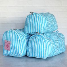 Cosmetic Bag Set, Bag Set, Cosmetic Bags, The Other Side, Blue Stripes, Block Print, Cosmetic Bag