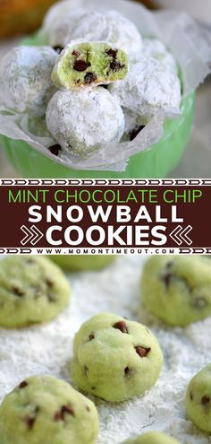 mint chocolate chip snowball cookies with text overlay